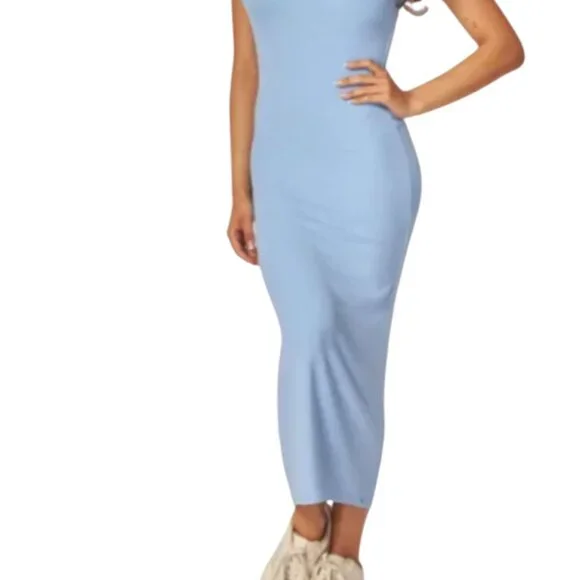 Women’s Ribbed Knit Open Back Maxi Dress – Elegant‎ Powder Blue - Picture 3 of 3